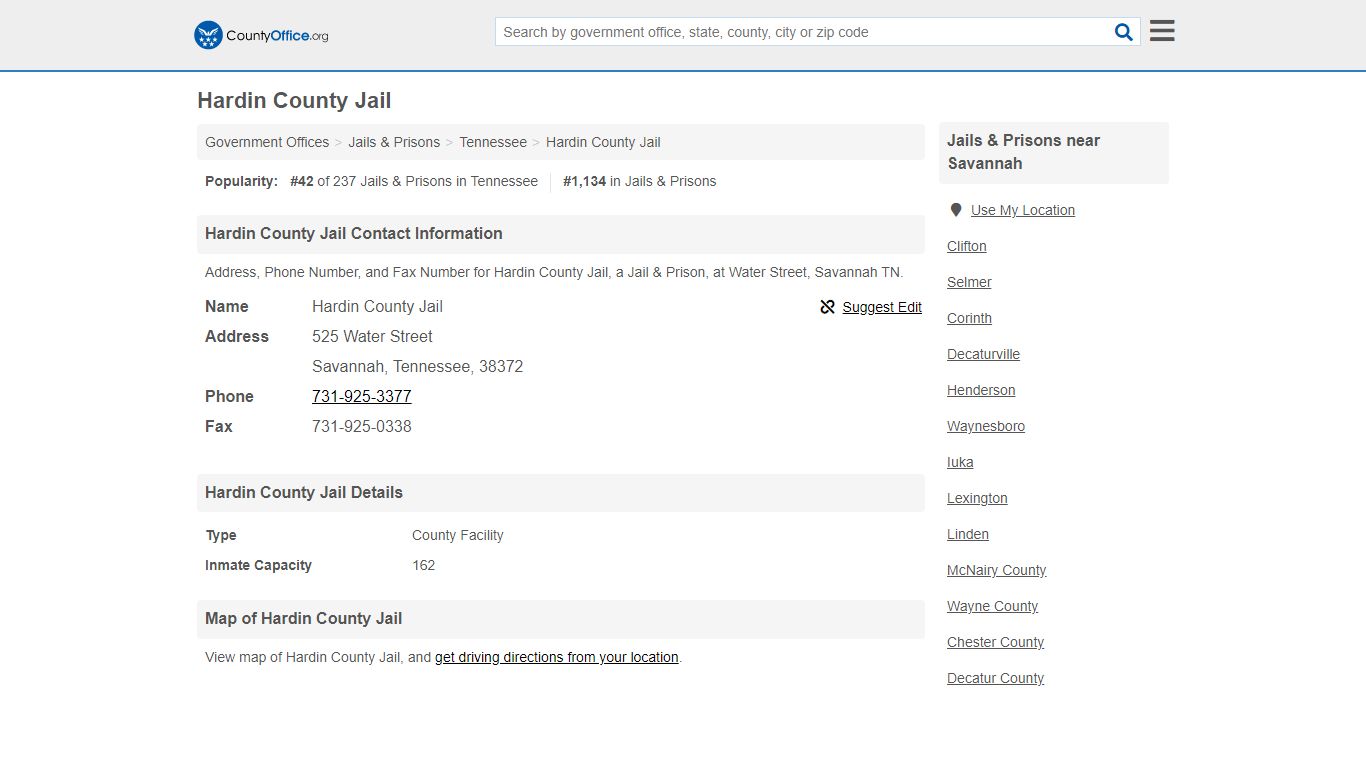 Hardin County Jail - Savannah, TN (Address, Phone, and Fax)